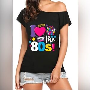 NWOT I Love the 80s Off Shoulder Graphic Tee Black Neon Retro Top Women’s XL